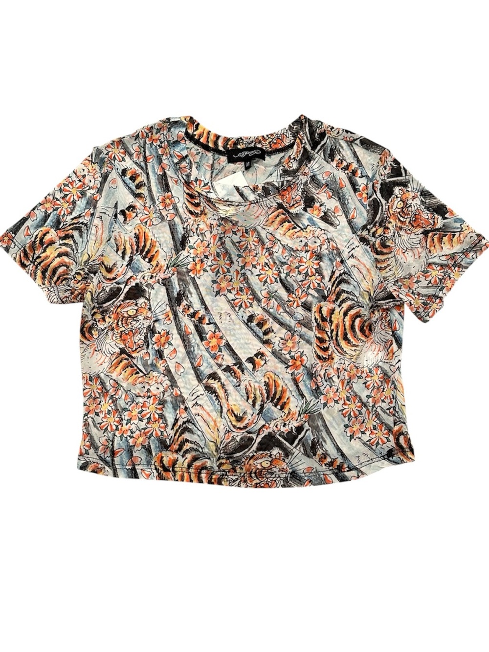 Ed Hardy NWT Floral & Tiger Print Mesh Crop Tee Sheer Streetwear Sz M